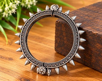 Silver-Tone Spiked Bangle Bracelet, Ornate Geometric Detail, Gothic Boho Statement Jewelry