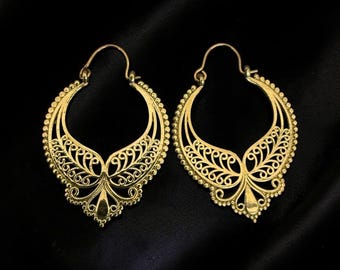 Boho Raw Brass Filigree Hoop Earrings, Tribal Mandala Chandelier Dangles, Indian Style Lace Creoles, Festival Jewelry, Gift for Her