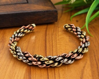 Braided Copper Cuff Bracelet, Three Tone Open Cuff, Gold and Silver Tone Accents, Unisex Jewelry Gift