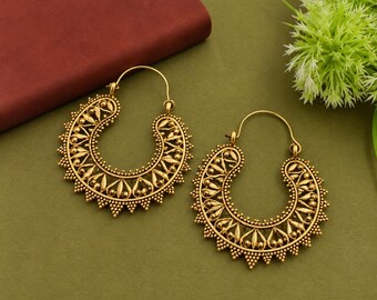 Gold Tone Crescent Hoop Earrings, Ornate Leaf Design, Boho Statement Jewelry, Vintage Inspired Gift for Her