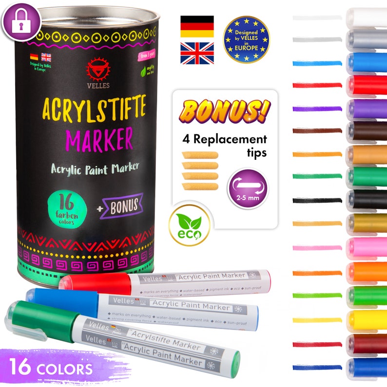 Puede incluir: Un conjunto de 16 marcadores de pintura acr&iacute;lica en una variedad de colores, incluyendo rojo, azul, verde, amarillo, naranja, morado, rosa, marr&oacute;n, negro, blanco, plata y oro. Los marcadores vienen en una lata de metal con una etiqueta de pizarra negra que dice "Acrylstifte Marker" y "Acrylic Paint Marker". La lata tambi&eacute;n incluye un paquete de bonificaci&oacute;n de 4 puntas de repuesto. Los marcadores son a base de agua, tinta pigmentada y a prueba de sol.