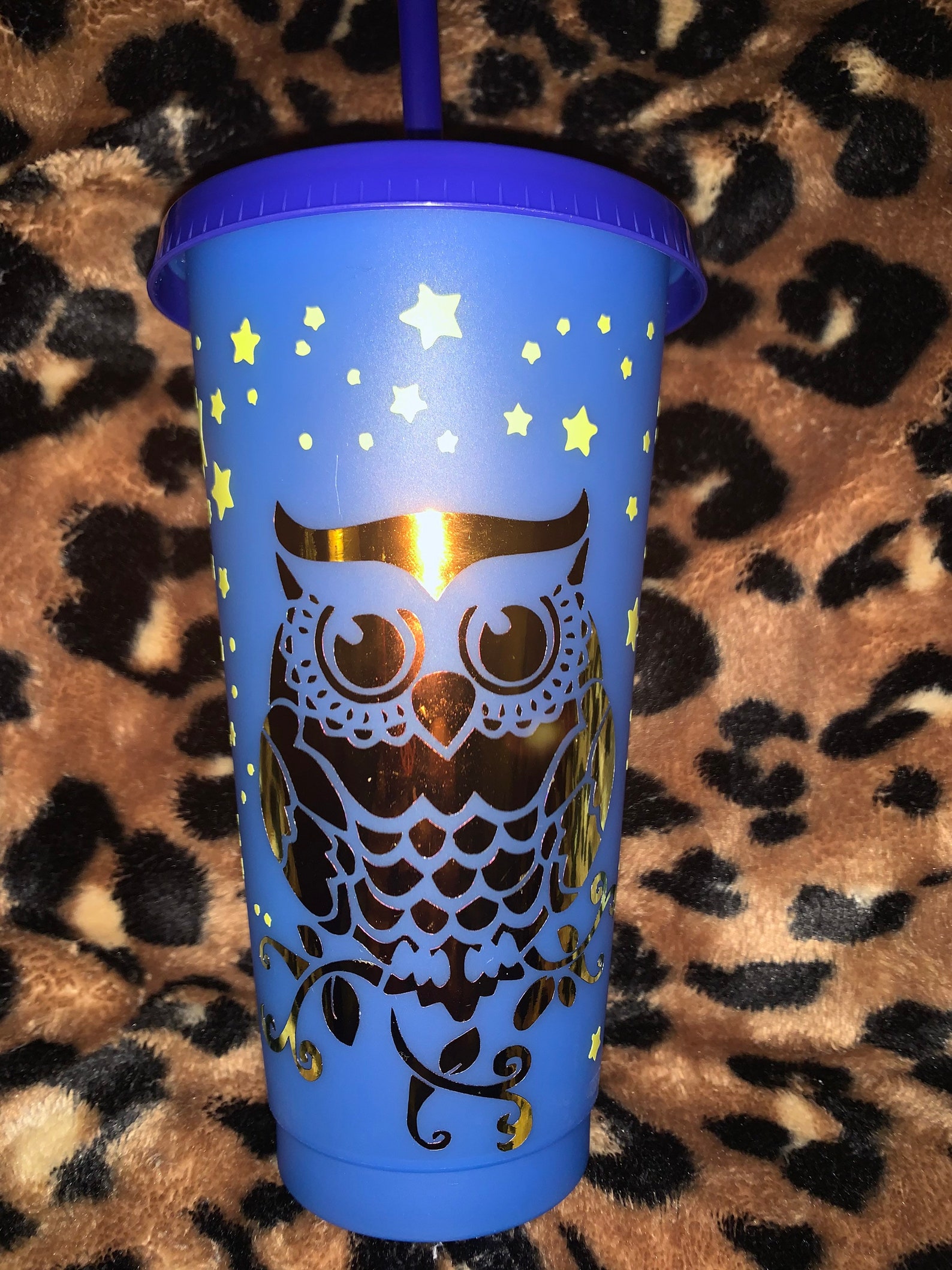 Starry Owl on a 24 Oz Blue Color Changing Reusable Tumbler Etsy
