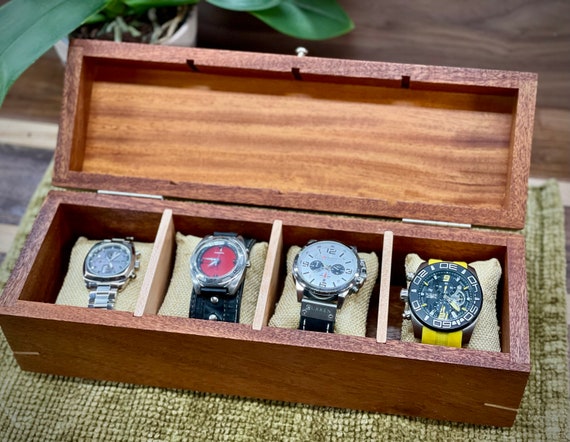 Personalized watch box, rich mahogany, maple inlays