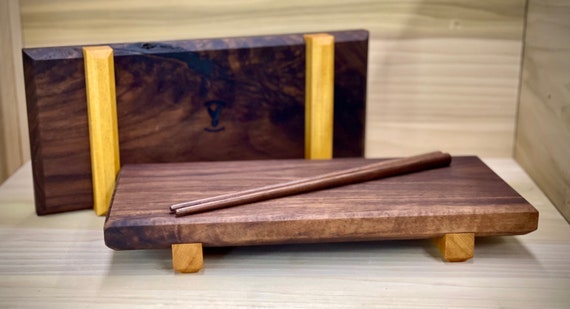 Sushi board, with chopsticks, walnut and yellow heart, free engraving