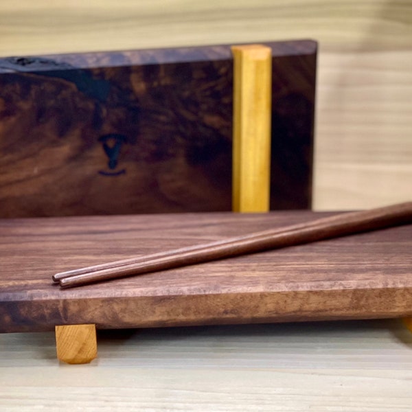 Sushi board, with chopsticks, walnut and yellow heart, free engraving