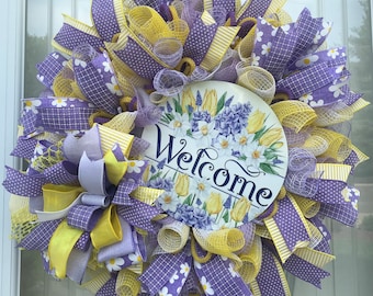 Couronne de maille de bienvenue à suspendre printemps été | Marguerites florales jaunes violettes à pois rayures carreaux | Panneau de bienvenue