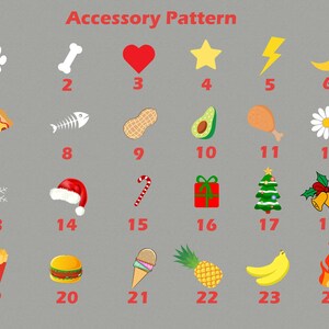 Peut inclure: Un tableau avec 24 cases num&eacute;rot&eacute;es, chacune contenant une ic&ocirc;ne diff&eacute;rente. Les ic&ocirc;nes comprennent une empreinte de patte, un os, un c&oelig;ur, une &eacute;toile, un &eacute;clair, un croissant de lune, une part de pizza, un squelette de poisson, une cacahu&egrave;te, un avocat, une cuisse de poulet, une marguerite, un flocon de neige, un bonnet de P&egrave;re No&euml;l, une canne en sucre, une bo&icirc;te cadeau, un sapin de No&euml;l, des cloches avec du houx, des frites, un hamburger, un cornet de glace, un ananas, des bananes et du feu.