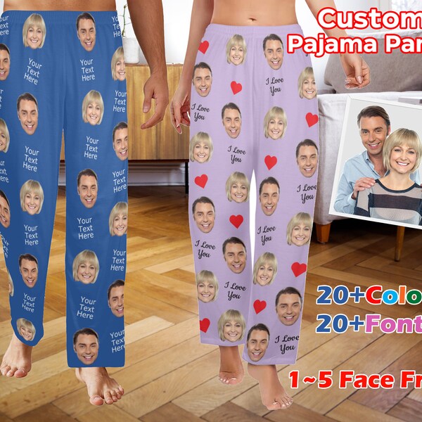 Custom Face Pajamas Pants With Text, Personalized Pajamas For Men and Women, Couple Pajamas Pants, Family Pj Pants, Valentine's Day Gift