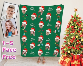 Manta navideña personalizada: Mantas con caras personalizadas con texto, gorro de Papá Noel, regalos navideños