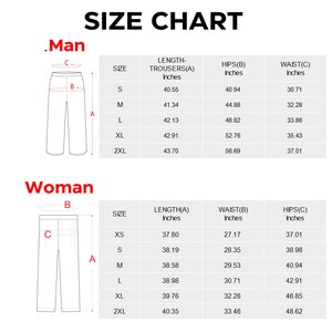 Peut inclure: Tableau des tailles pour pantalons avec des mesures en pouces. Le tableau comprend les tailles XS, S, M, L, XL et 2XL. Les mesures sont pour la longueur, les hanches et la taille.