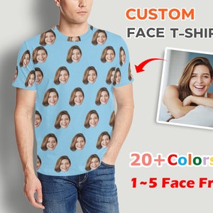 May include: A blue t-shirt with a pattern of faces printed on it. The text "CUSTOM FACE T-SHIRT" is at the top of the image. The text "20+ Colors" and "1-5 Face Free" is at the bottom of the image.