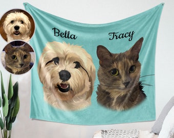 Manta personalizada con retrato de mascota: con foto de perro y gato y nombre. Mantas personalizadas con retrato de mascota.