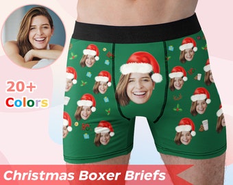 Christmas Face Boxers Briefs, Personalized Underwear with face, Custom Face Boxers, Gifts For Husband, Christmas Gift, Face with Santa Hat