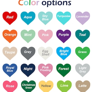 Peut inclure: Un tableau de 25 &eacute;chantillons de couleur en forme de c&oelig;ur avec le nom de chaque couleur &eacute;crit en dessous. Les couleurs incluent le rouge, l'aqua, le bleu ciel, le turquoise, la lavande, l'orange, la menthe, le rose, le violet, le sarcelle, le taupe, le gris, la coquille d'&oelig;uf, le bleu vif, l'herbe, le bleu royal, la nuit, le gla&ccedil;age rose, la for&ecirc;t, le gris clair, la rose, le vert de No&euml;l, le jaune, la lime et le latte.