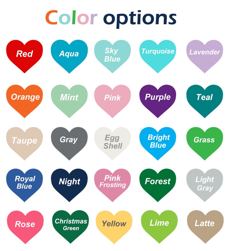 Peut inclure: Un tableau de 25 &eacute;chantillons de couleur en forme de c&oelig;ur avec le nom de chaque couleur &eacute;crit en dessous. Les couleurs incluent le rouge, l'aqua, le bleu ciel, le turquoise, la lavande, l'orange, la menthe, le rose, le violet, le sarcelle, le taupe, le gris, la coquille d'&oelig;uf, le bleu vif, l'herbe, le bleu royal, la nuit, le gla&ccedil;age rose, la for&ecirc;t, le gris clair, la rose, le vert de No&euml;l, le jaune, la lime et le latte.