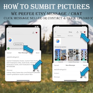 Peut inclure: Deux captures d'&eacute;cran de l'application Etsy montrant comment soumettre des photos pour une commande personnalis&eacute;e. La premi&egrave;re capture d'&eacute;cran montre l'option de message au vendeur et la deuxi&egrave;me capture d'&eacute;cran montre l'ic&ocirc;ne de t&eacute;l&eacute;chargement.