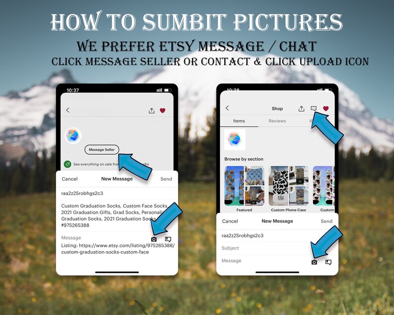 Peut inclure: Deux captures d'&eacute;cran de l'application Etsy montrant comment soumettre des photos pour une commande personnalis&eacute;e. La premi&egrave;re capture d'&eacute;cran montre l'option de message au vendeur et la deuxi&egrave;me capture d'&eacute;cran montre l'ic&ocirc;ne de t&eacute;l&eacute;chargement.