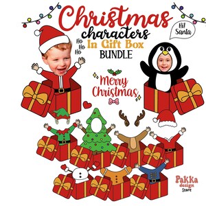May include: A festive graphic featuring Christmas characters in gift boxes. The image includes a Santa, penguin, elf, Christmas tree, and reindeer. Text reads "Christmas characters In Gift Box BUNDLE" and "Merry Christmas."
