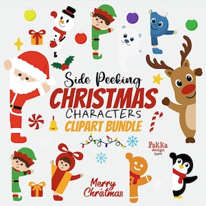 May include: A collection of Christmas-themed clipart characters, including Santa Claus, elves, a snowman, a reindeer, and a penguin. The characters are peeking from the side. The text "Side Peeking Christmas Characters Clipart Bundle" is also included.
