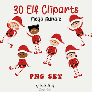 Puede incluir: Un conjunto de 30 imágenes de clipart de duendes en formato PNG. Los duendes llevan trajes de Papá Noel rojos y blancos con cinturones negros. Los duendes tienen diferentes tonos de piel y colores de cabello. El texto "30 Elf Clipart Mega Bundle PNG SET" está en la parte inferior de la imagen.