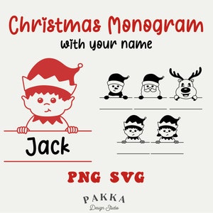 May include: A red and white Christmas elf with a name tag that says "Jack". The elf is holding a sign with the text "Christmas Monogram with your name". There are also images of Santa, an elf, and a reindeer.