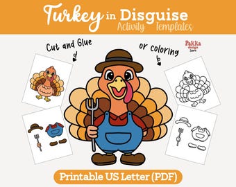 Printable Turkey in Disguise Farmer Coloring Page | Thanksgiving Classroom Activity | Turkey Costume Craft Template for Kids