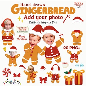 May include: A digital design featuring gingerbread people with space for photos, festive elements like candy canes, and the text "Hand drawn GINGERBREAD Add your photo Resizable Template PNG". Includes "Merry Christmas" text.
