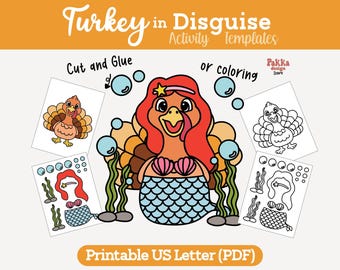 Printable Turkey in Disguise Mermaid Coloring Page | Thanksgiving Classroom Activity | Turkey Costume Craft Template for Kids