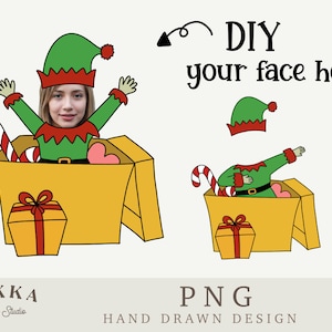 Elf Twarz Pusta w Pudełku Prezentowym Zestaw, Dodaj Własne Zdjęcie, Szablon DIY, Wydrukuj PNG na Prezent Świąteczny