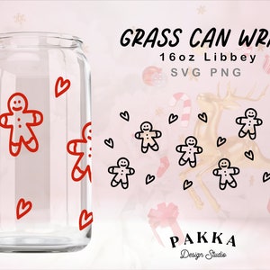Gingerbread and heart glass can wrap svg, 16oz Christmas Libbey glass autumn wrap template svg, Full wrap svg, Coffee glass svg,cricut file