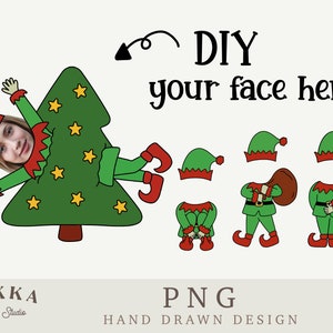May include: DIY your face here. A green Christmas elf is stuck in a green Christmas tree. There are separate elf parts to cut out and add your face to. The elf parts include a hat, a body, a bag, and a candy cane.