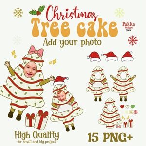Pode incluir: Um design digital festivo com ilustrações temáticas de Natal. A imagem inclui fantasias de bolo de árvore de Natal em estilo cartoon com espaço para fotos, chapéus de Papai Noel, caixas de presente e texto que diz "Christmas Tree Cake Add your photo" e "High Quality for small and big project".