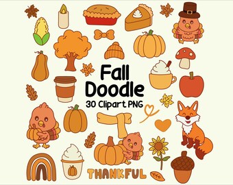 Kawaii Fall Clipart Set, Cute Pumpkin & Autumn Doodles, Thanksgiving Kids Clipart PNG Bundle, Cozy Fall Illustration Pack