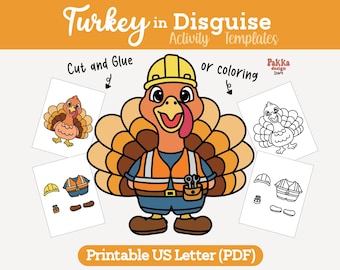 Printable Turkey in Disguise Construction worker Coloring Page | Thanksgiving Classroom Activity | Turkey Costume Craft Template for Kids
