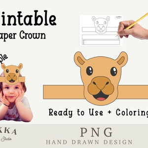 Cappello a corona di carta, faccia di cammello animale, artigianato stampabile per bambini, costume invernale fai da te, modello di cappello da festa, Png Pdf per il regalo di Natale