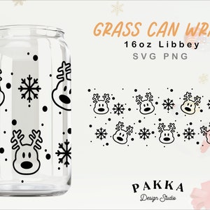 Rentier und Schneeflocke Glas Dose Wickel svg, 16oz Weihnachten Hirsch Schnee Libbey Herbst Wickelschablone svg, Full Coffee Wrap svg, Cricut Cut File