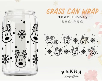 Reindeer and snowflake glass can wrap svg, 16oz Christmas deer snow Libbey autumn wrap template svg, Full coffee wrap svg, cricut cut file