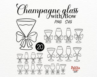 Champagne Glass with Bow,SVG PNG bundle,Champagne Flute,Wine Glass,Hand Drawn Wedding Illustration,Glass Outline,Frame,Clip art