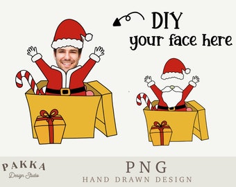 May include: A printable DIY Christmas card featuring a cartoon Santa Claus popping out of a gift box. The text "DIY your face here" is included.