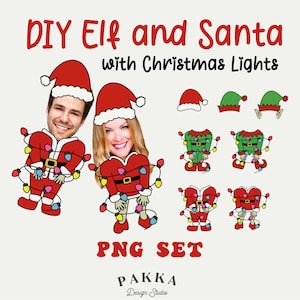 May include: DIY Elf and Santa with Christmas Lights PNG Set.  A digital download of printable images featuring a Santa and Elf with Christmas lights wrapped around them.  The images are perfect for creating personalized holiday cards or decorations.