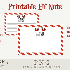 Puede incluir: Plantilla de nota de elfo imprimible con un borde rayado rojo y blanco. La nota presenta un elfo de dibujos animados con el texto "A Note from your Elf".