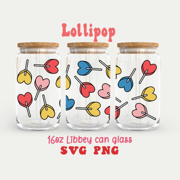 Colorful Lollipop glass can wrap svg, 16oz Valentine day Libbey wrap template svg, Full heart candy coffee wrap svg, cricut cut file