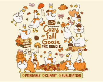 Cute Silly Goose PNG Clipart Bundle | Cozy Whimsical Fall Thanksgiving Designs | Cards, Journals, Stickers, Planners, Shirts & Sublimation