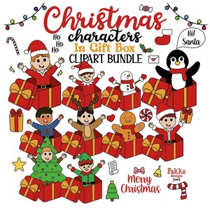 Puede incluir: Un colorido paquete de imágenes prediseñadas navideñas con personajes en cajas de regalo. La imagen incluye a Papá Noel, elfos, un muñeco de nieve y un pingüino, junto con elementos festivos como bastones de caramelo y luces navideñas. El texto dice "Christmas characters in gift box clipart bundle."