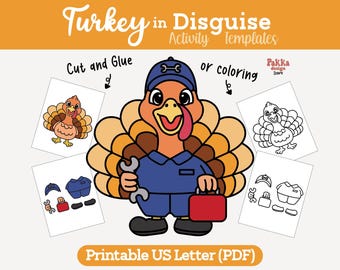 Printable Turkey in Disguise Mechanic Repairman Coloring Page | Thanksgiving Classroom Activity | Turkey Costume Craft Template for Kids