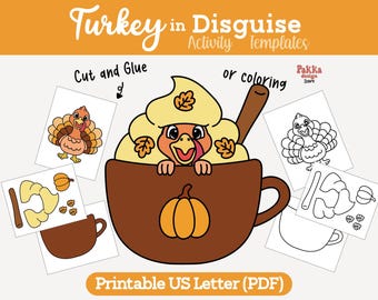 Printable Turkey in Disguise Pumpkin spice latte Coloring Page | Thanksgiving Classroom Activity | Turkey Costume Craft Template for Kids