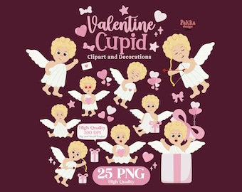Söt Cupid Clipart-paket, Alla hjärtans dag PNG, Sublimeringsdesign, Utskrivbara kort, Digitala klistermärken, Klassrumsdekor
