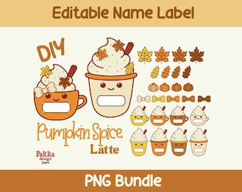 May include: A digital PNG bundle featuring fall-themed illustrations. Includes cartoon images of pumpkin spice lattes, leaves, pumpkins, and bows. The text "Editable Name Label" and "Pumpkin Spice Latte" are displayed. The bundle is from Pakka Design Store.