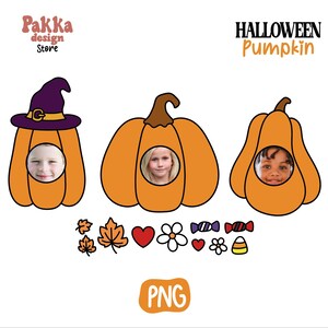 May include: Three orange pumpkins with faces cut out for photos. The pumpkins are decorated with a witch's hat, candy, and fall leaves. The text "HALLOWEEN Pumpkin" is at the top of the image.