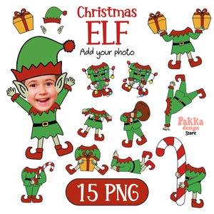 May include: A collection of Christmas Elf graphics in green, red, and yellow. The image includes elf figures with and without heads, holding gifts, and wearing festive outfits. Text reads "Christmas ELF Add your photo" and "15 PNG".